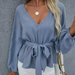 V-Neck Tie-Waist Women's Top in Dusty Blue